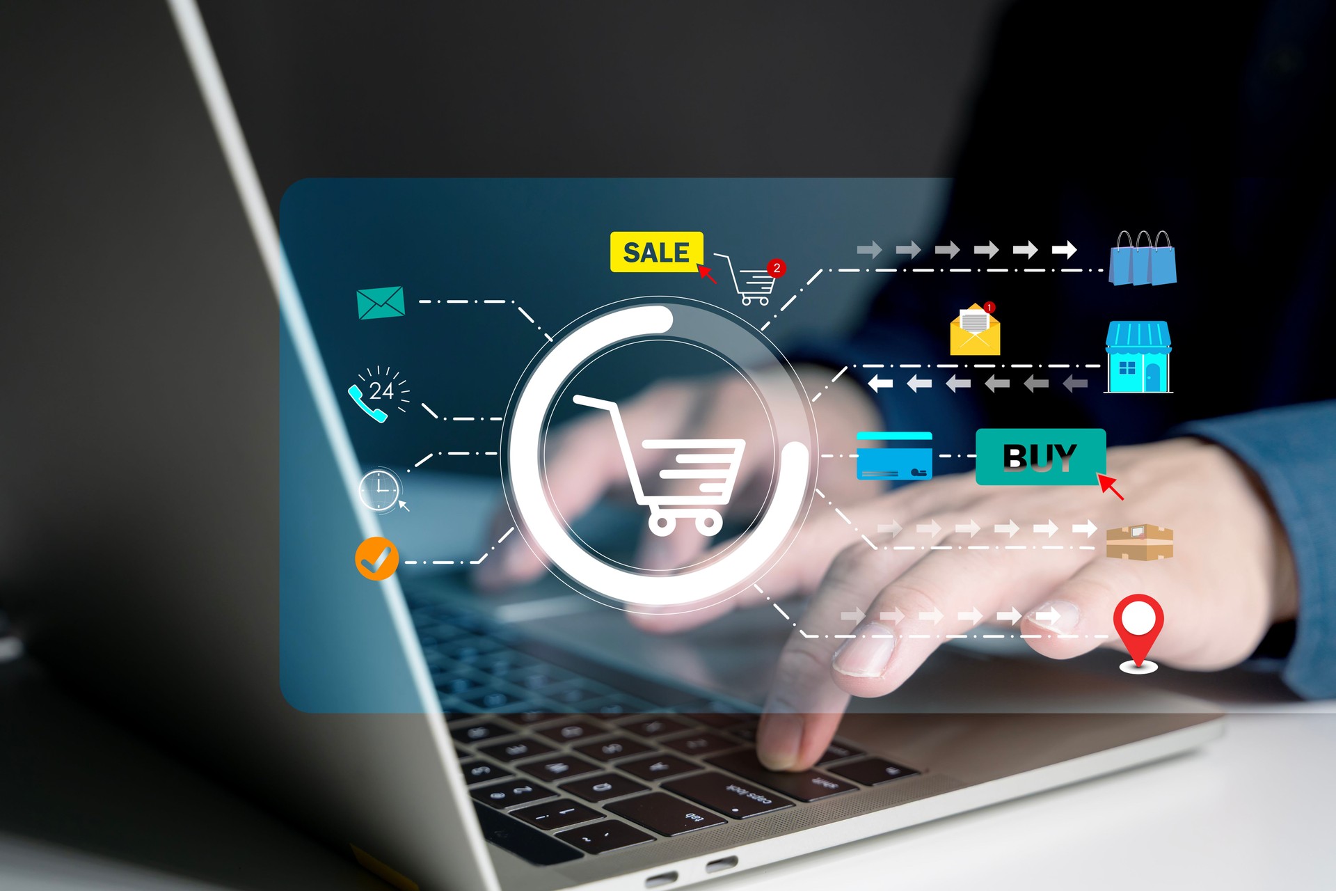 Online shopping and ecommerce technology with digital interface showing cart, buy button, and payment icons